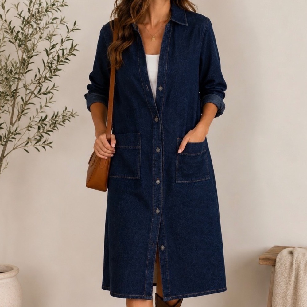Bakkali Mode Denim Midi Shirt Dress Dark Wash Button Front Moroccan Approx M/L